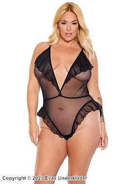 Romantisk teddy, gjennomsiktig netting, volangkant, dyp utringning, plus size